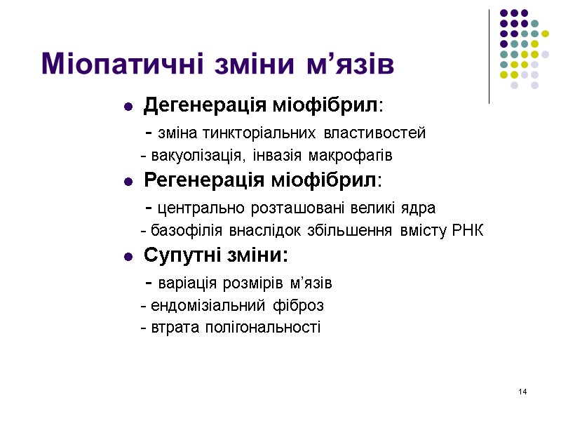 14 Міопатичні зміни м’язів Дегенерація міофібрил:     - зміна тинкторіальних властивостей